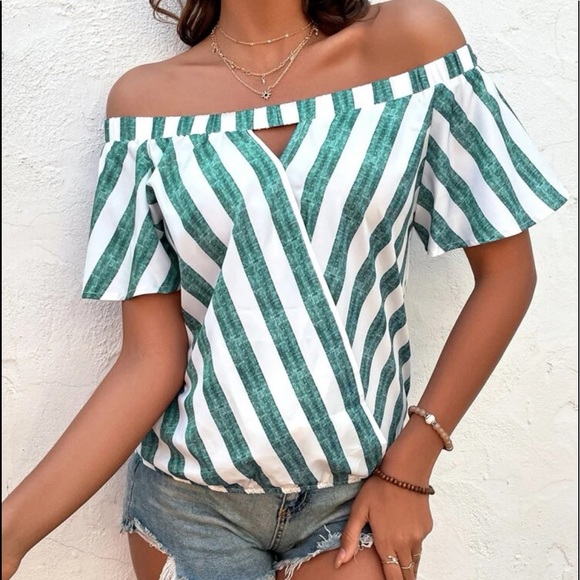 Stripe Off Shoulder Cut Out overlap Butterfly Sleeve Blouse Top Green - Picture 4 of 12